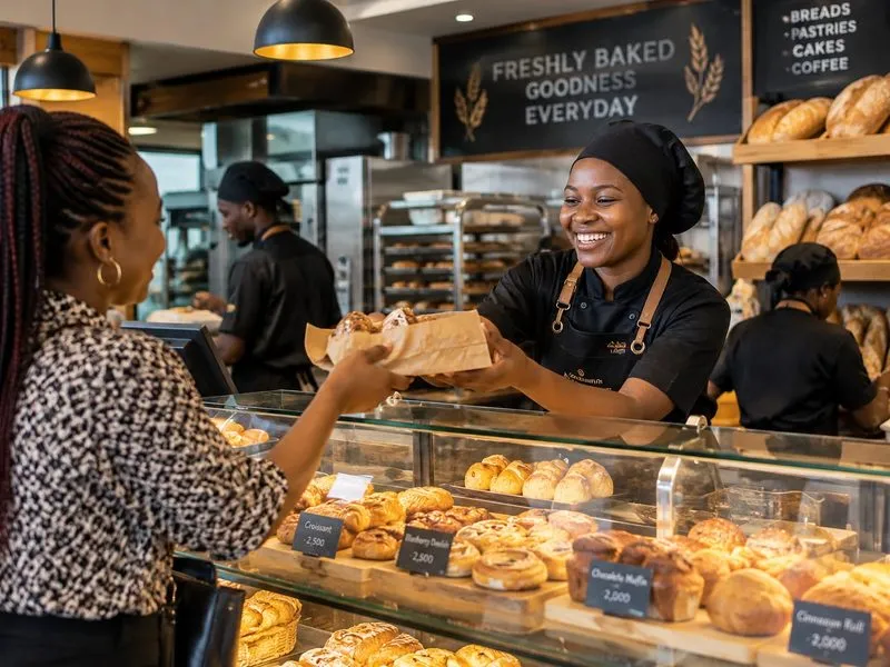 A baker handing a bag of pastries across the counter of a Tanzanian bakery