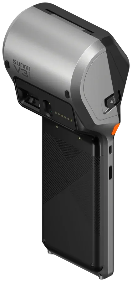 SUNMI V3 PLUS seen from behind, showing the thermal printer housing and the textured grip